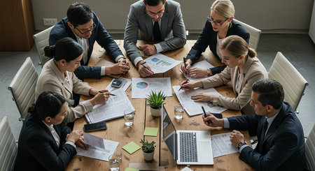 A diverse group of professionals are engaged in a productive business meeting, gathered around a wooden table, analyzing documents and collaborating on a project.の素材