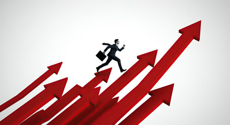 A determined businessman in a suit sprints along a series of rising red arrows, symbolizing upward trajectory and success in the business world.の素材