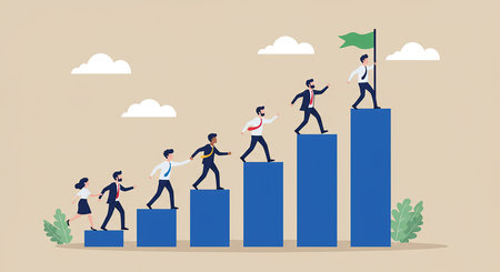 A group of business professionals ascending a series of blue bars, symbolizing growth and progress, with one person reaching the top and holding a flag.の素材