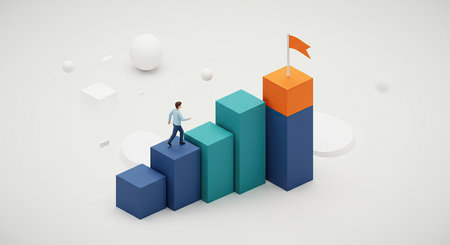 A small figure ascends a rising bar chart, symbolizing career advancement and the pursuit of ambitious objectives, culminating at a flag representing ultimate achievement and victory.の素材