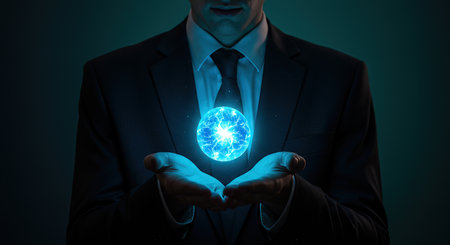 A man in a dark suit and tie holds a luminous blue sphere radiating light and energy, symbolizing innovation, future possibilities, and technological advancement in a mysterious setting.の素材