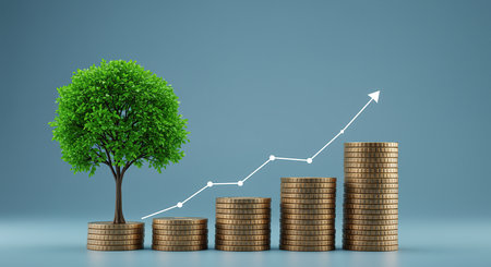 A conceptual image representing financial growth and prosperity, with a vibrant green tree symbolizing success planted on rising stacks of golden coins, accompanied by an upward trending graph.の素材