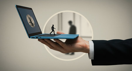 A small figure of a man is depicted running across the keyboard of an open laptop, symbolizing digital progress and the journey through online spaces and financial markets.の素材