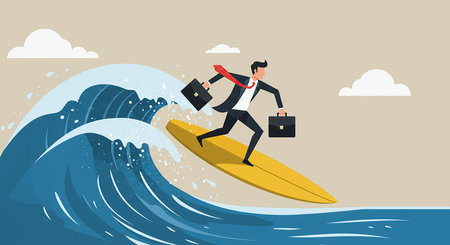 A man in a business suit and tie, holding two briefcases, surfs a large blue wave on a yellow surfboard, with clouds in the background.の素材