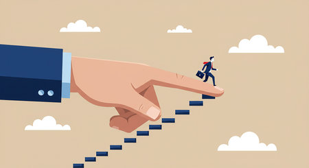 A symbolic illustration depicting a businessman ascending a staircase, guided by a colossal finger, representing mentorship, career advancement, and the pursuit of success in the professional world.の素材