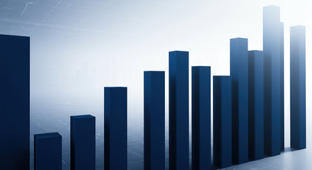 A 3D rendered bar chart with dark blue bars, visually representing a positive upward trend in data or financial performance, set against a subtle, light background.の素材