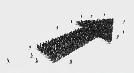 A large group of small human figures forming an arrow shape, symbolizing collective movement, progress, and unified direction in a business or organizational context.の素材