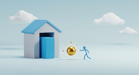 A stylized stick figure is actively pursuing a shiny golden sphere, moving towards a small, modern house with a blue roof. The scene is set against a soft blue sky with fluffy white clouds.の素材