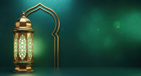 A decorative golden lantern with intricate patterns glows brightly, positioned next to a traditional Islamic archway on a dark green background.の素材