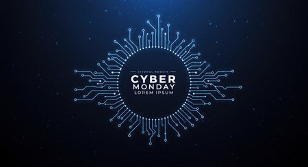 A futuristic digital circuit board pattern emanates from a glowing oval center, set against a dark blue, starry background, evoking technology and data.の素材