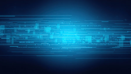 A dark background with a vibrant, glowing blue digital data stream, featuring horizontal light streaks and abstract patterns.の素材