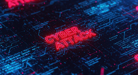 A close-up, abstract view of a digital circuit board with glowing red and blue lines and patterns, suggesting technology and data.の素材