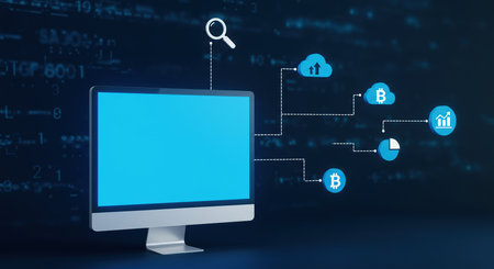 A computer monitor displays a blank blue screen with glowing icons representing cloud services and network connections on a dark, code-filled background.の素材