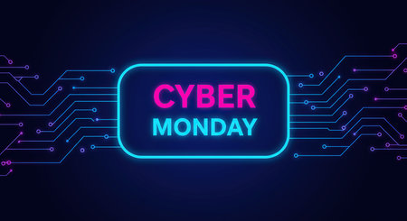 A glowing neon sign displays "Cyber Monday" against a dark background with intricate blue circuit board patterns and lines.の素材