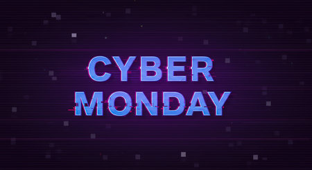 A dark background with glowing blue text announcing Cyber Monday, featuring a digital glitch effect and scattered particles.の素材