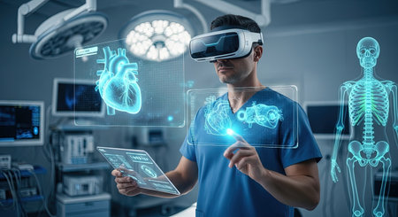 A surgeon in scrubs wears a VR headset, interacting with holographic medical models of a heart and skeleton in an operating room.の素材