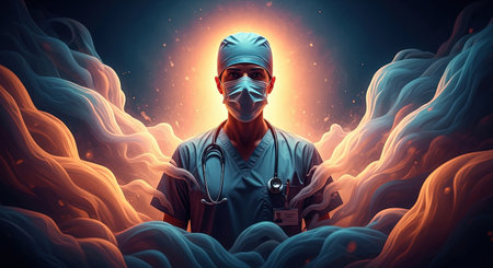 A doctor in a surgical cap and scrubs is depicted with a divine glow, surrounded by swirling, colorful cosmic clouds.の素材
