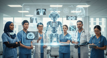 A diverse group of medical professionals stands around a glowing holographic projection of a human skeleton and organs, discussing patient care.の素材