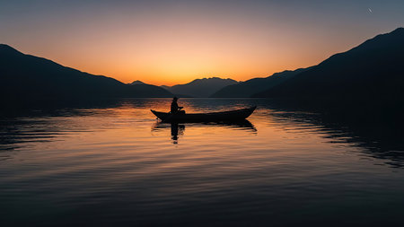 A lone boat glides across a tranquil lake at sunset, framed by dark, majestic mountains under a warm, glowing sky.の素材