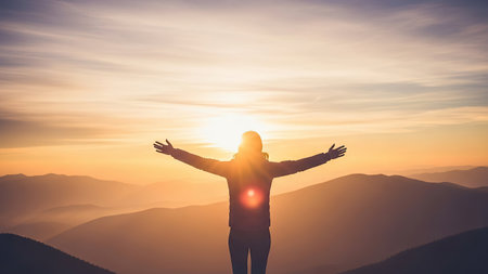 A solitary figure stands atop a mountain, arms wide, basking in the warm glow of a breathtaking sunrise over a misty valley.の素材