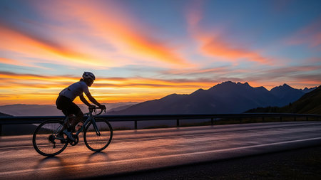 A lone cyclist rides on a wet road with a dramatic, colorful sunset and mountain backdrop.の素材