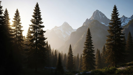 Sunlight filters through tall evergreen trees, illuminating distant, hazy mountain peaks in a serene, natural landscape.の素材