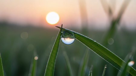 A single, perfect dewdrop clings to a blade of grass, reflecting the soft glow of the rising sun in a macro view.の素材