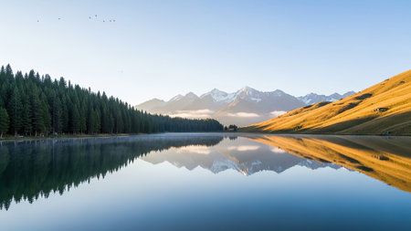 A serene mountain lake mirrors a golden sunlit slope and a dense evergreen forest under a clear sky.の素材