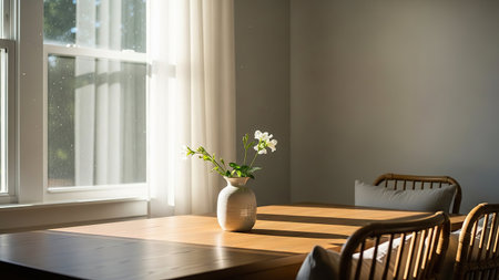 A vase of delicate flowers sits on a wooden dining table bathed in warm sunlight streaming through a large window. Chairs are visible.の素材