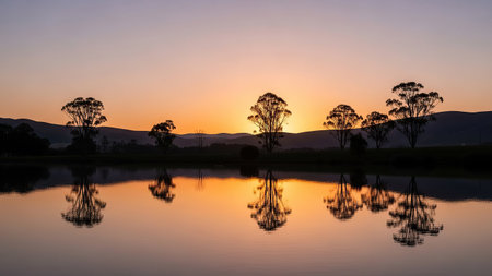 A tranquil evening scene with a vibrant sunset casting warm hues across a still lake, mirroring the silhouettes of trees.の素材