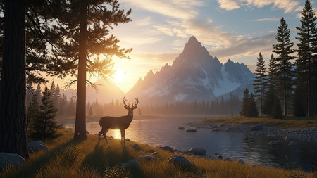 A lone deer stands by a serene lake as the sun rises behind a majestic mountain, casting a warm golden glow.の素材