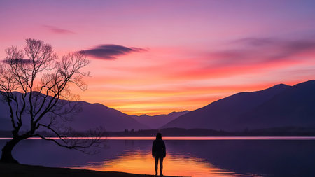 A solitary person stands by a tranquil lake, silhouetted against a vibrant, colorful sunset reflecting on the water.の素材