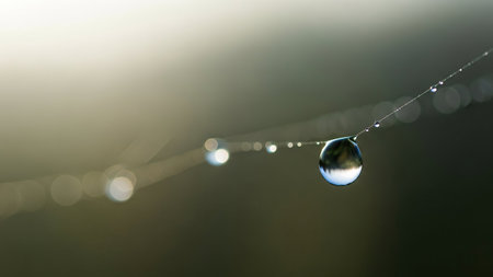 Close-up of dew drops on a spiderweb, reflecting sunlight and creating a bokeh effect in the background.の素材