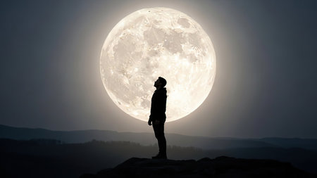 A solitary figure stands silhouetted against a vast, glowing full moon, creating a sense of wonder and scale.の素材