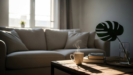 A warm and inviting living room bathed in sunlight, featuring a comfortable sofa, a steaming mug, and a large monstera leaf.の素材