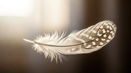 A single, patterned feather drifts gently in the light, showcasing a tiny ring nestled within its barbs. Soft focus background.の素材