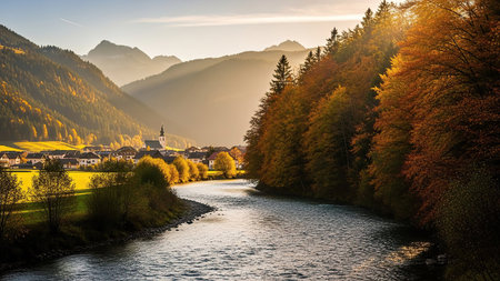 A serene mountain valley bathed in golden sunset light, featuring a village nestled among trees and a flowing river.の素材