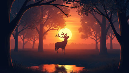A solitary stag stands in a misty forest, its silhouette illuminated by a vibrant, orange sunset reflecting in a pool of water.の素材