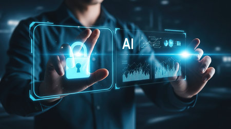Person interacts with a virtual interface showing a padlock for cybersecurity and AI data analytics. Visualizes data protection, artificial intelligence, and secure technological advancement.の素材
