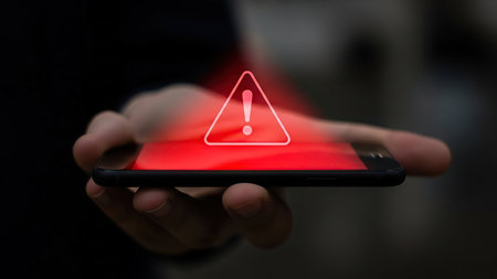 A hand holds a smartphone with a red screen displaying a warning triangle. This visual indicates a critical error, system alert, or data security breach.の素材