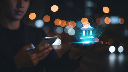 A close-up shot captures a person holding two smartphones in a dark environment with blurred bokeh lights in the background. One smartphone, held in the right hand, projects a glowing blue, futuristic digital bank icon, representing mobile banking and financial technology. The person's left hand holds another smartphone. The image symbolizes online transactions, secure digital finance, and the integration of banking services into everyday mobile devices.の素材