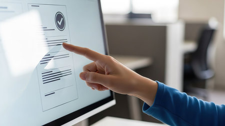A close-up shot captures a person's hand, wearing a blue sleeve, pointing at a computer monitor. The screen displays a digital document or form, with text and a prominent checkmark icon enclosed in a circle, signifying completion, approval, or successful verification. The background, softly blurred, indicates an office or workspace environment, with a desk and office chair visible, emphasizing the context of professional work and digital processing.の素材