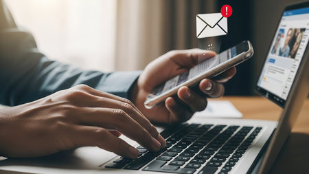 A close-up shot captures a person's hands simultaneously interacting with two devices in a modern workspace. The left hand rests on the keyboard of a silver laptop, actively engaged in typing. The right hand holds a smartphone, which displays a new email notification represented by a hovering envelope icon with a red alert symbol above it. The setting appears to be an office or home office environment, emphasizing the prevalent theme of multitasking and digital interruptions in contemporary work life.の素材