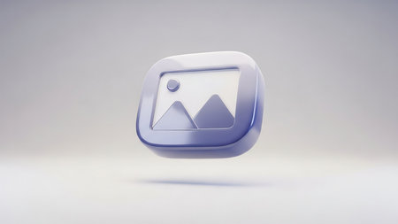 A 3D-rendered image icon with a gradient effect, floating in a minimalistic background. The icon features a simple mountain landscape inside a rounded rectangular frame with a subtle shadow effect.の素材