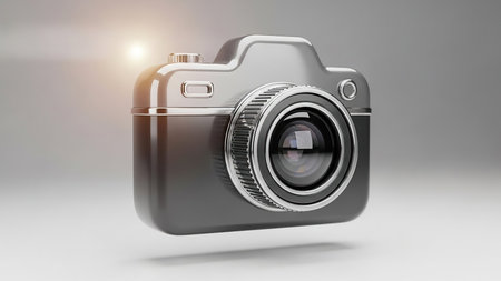 A sleek, modern digital camera is prominently displayed against a light gray background. The camera features a large lens with a reflective surface that captures the sunlight, creating a bright, gleaming spot. The design is streamlined with a metallic finish, and the camera is positioned slightly angled to the right.の素材