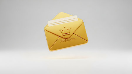 A golden envelope with the word 'PREMIUM' inscribed on it and a crown emblem on the flap, containing a white paper or card inside. The envelope is set against a plain light gray background.の素材