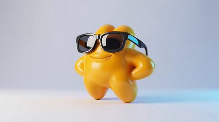 A fun and playful 3D render featuring a bright yellow cartoon character with a unique blob like form This whimsical character is sporting a pair of stylish black sunglasses adding to its cool and laid back demeanor The background is a soft gradient adding a touch of modernity and sophistication to the overall composition This image is perfect for applications relating to design illustration humor or conceptual projectsの素材