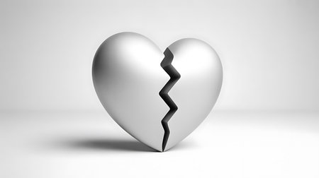 An isolated cracked heart stands against a plain white backdrop creating a visually striking representation of heartbreak loss and emotional distress The pristine white background throws emphasis on the cracked heart drawing attention to the intricate details of the jagged split that runs through its core The image evokes feelings of sadness vulnerability and pain and also serves as a powerful illustration of the human experience and the universal theme of love and loss Its simplicity allows for versatile use in conveying complex emotions related to relationship troubles grief and emotional healingの素材