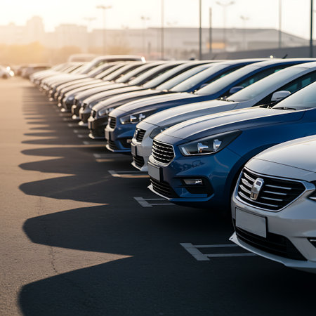 A row of brand new cars is parked in a car park lot ready for sale The cars are all different colors but all of them are perfectly aligned and waiting for the new customers This photo represents the automotive industry car dealerships and the concept of buying a new vehicle The light of the sunset is reflected on the cars creating a beautiful sceneの素材