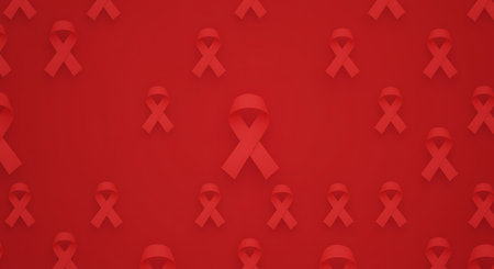 A pattern featuring red ribbon symbols against a red background creates a visually striking image symbolizing awareness and support for World AIDS Day The repeating pattern emphasizes the collective effort needed to fight AIDS and show solidarity with those affected The monochromatic color scheme amplifies the visual impact of the ribbons making it a great choice for awareness campaignsの素材